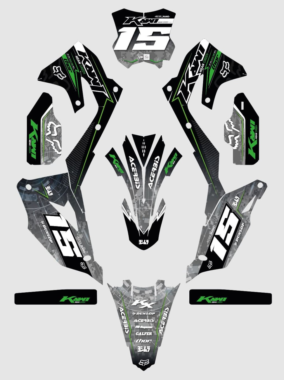 Kit déco KAWASAKI KX/KXF/KLX "Cyber: Leaf" kawasakicrossuniversal